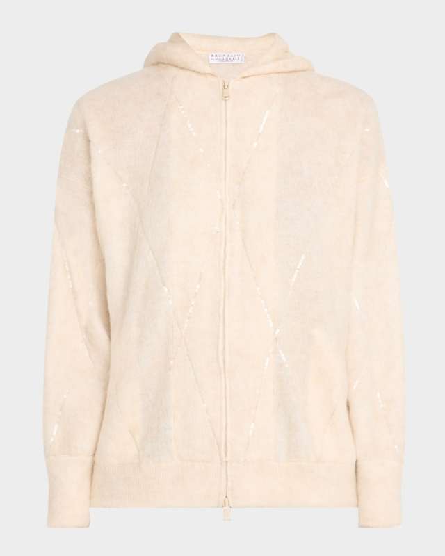 Paillette Argyle Mohair Knit Zip Hoodi